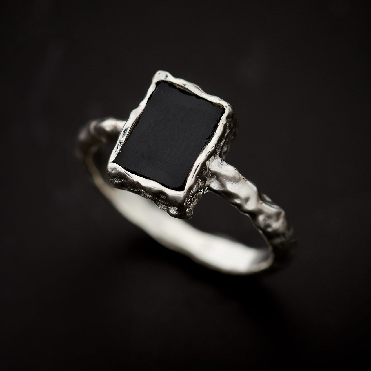 Black Onyx Sterling Silver Rec Hammered Finish Ring