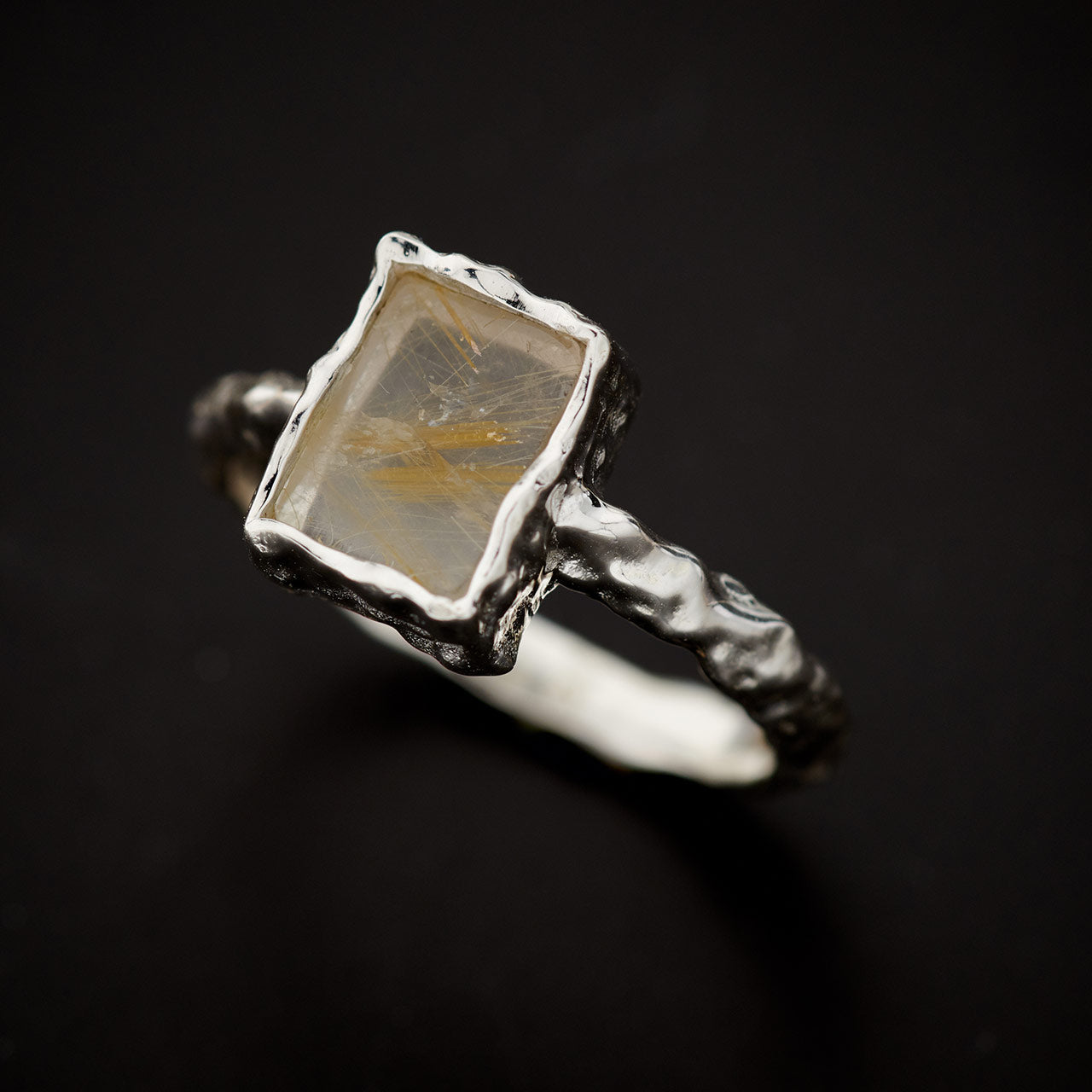 Golden Rutile Sterling Silver Rec Hammered Finish Ring