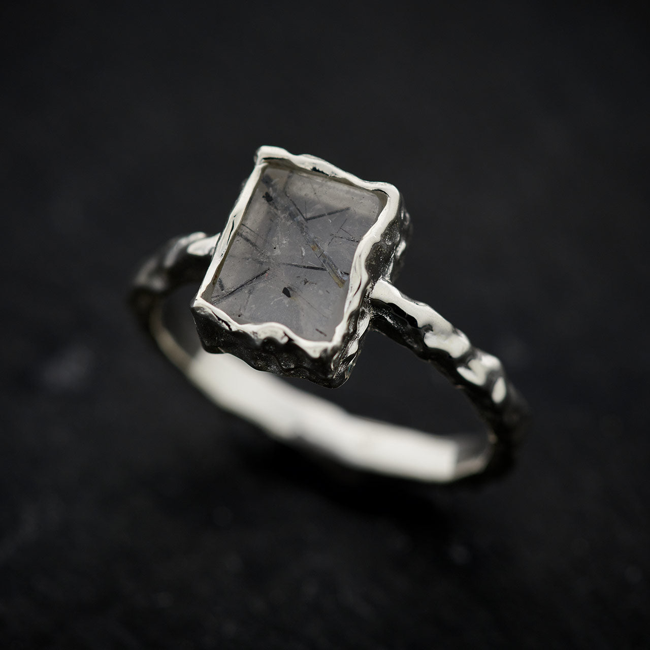 Black Rutile Sterling Silver Rec Hammered Finish Ring