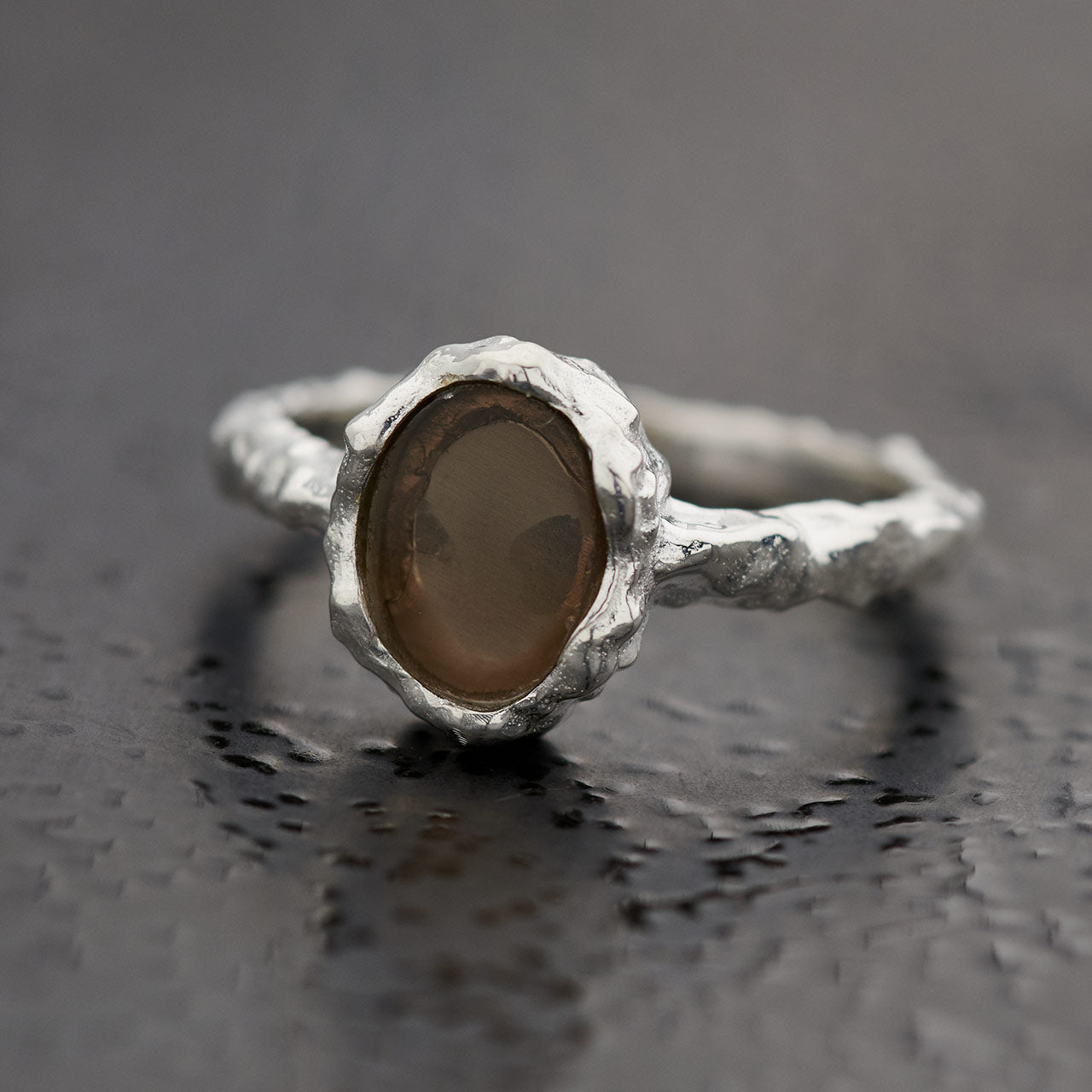 Smokey Quartz Sterling Silver Oval Hammered Finish Ring