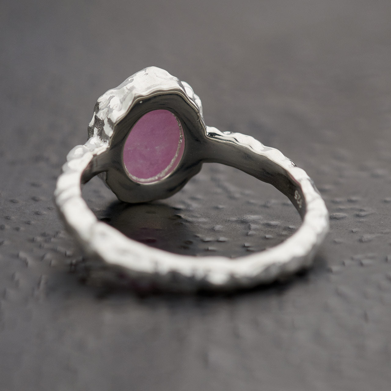Pink Lepidolite Sterling Silver Hammered Finish Oval Ring