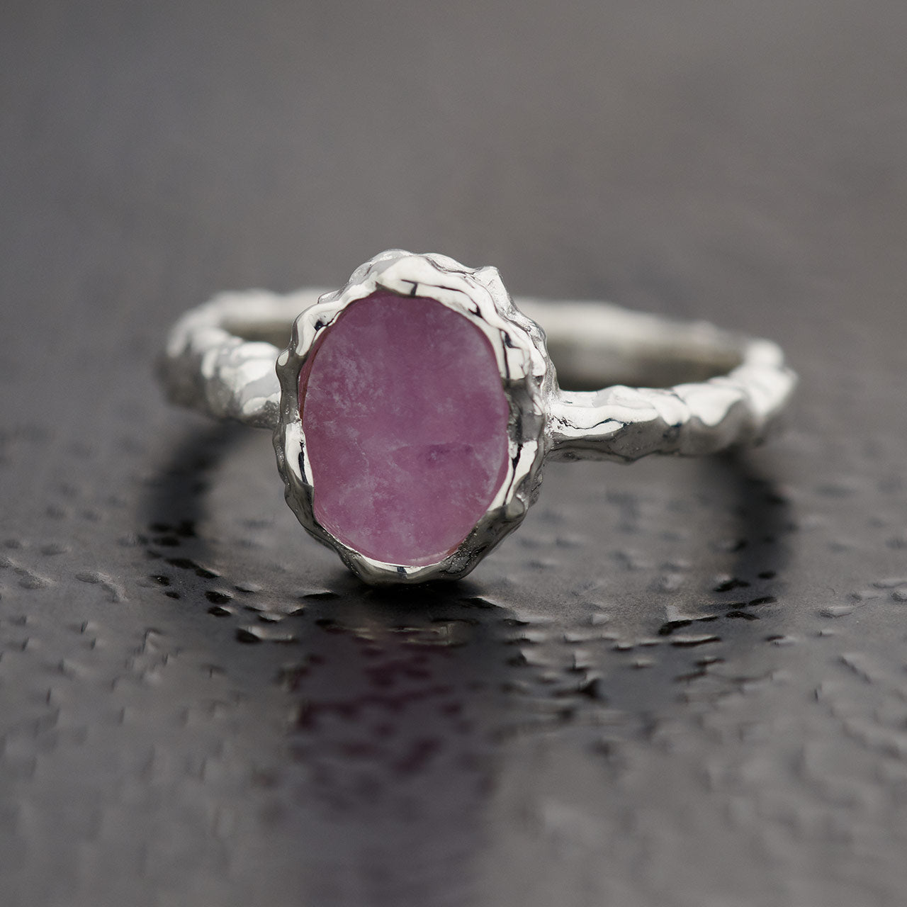 Pink Lepidolite Sterling Silver Hammered Finish Oval Ring