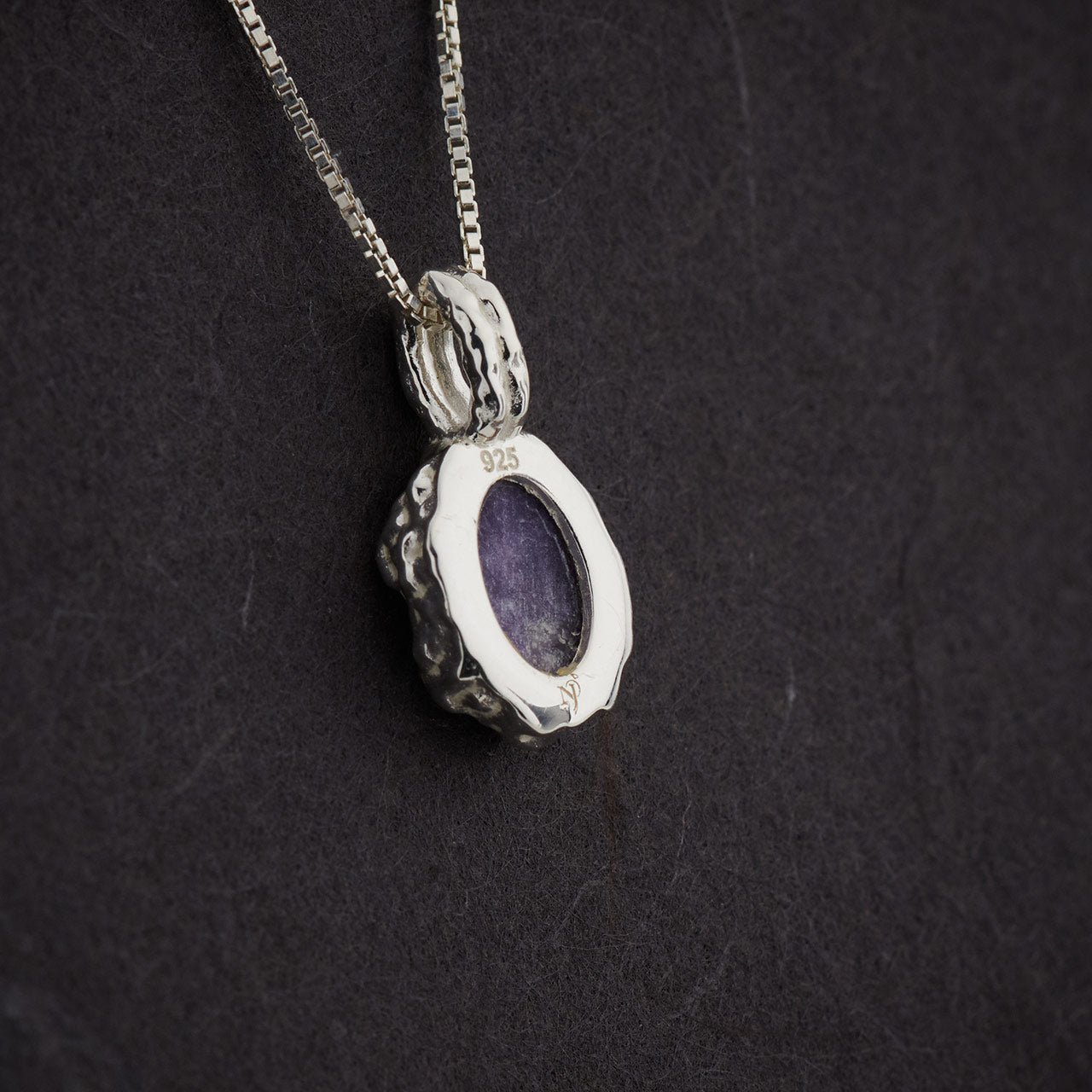 Lepidolite Sterling Silver Oval Hammered Finish Pendant