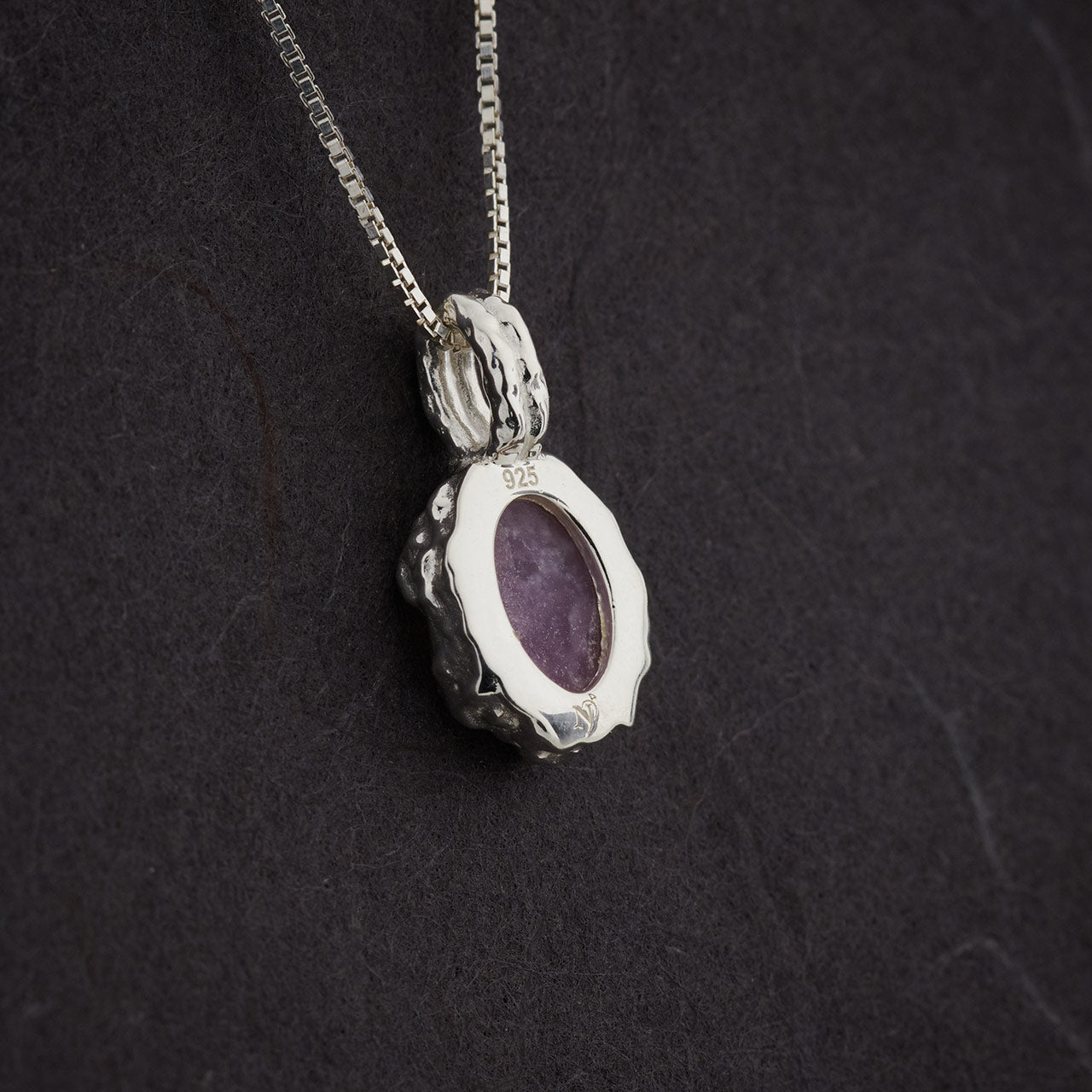 Pink Lepidolite Sterling Silver Oval Hammered Finish Pendant