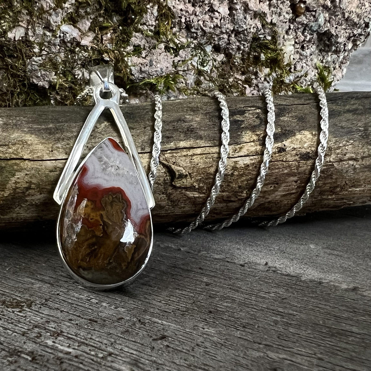 Seam Agate Wishbone Pendant Sterling Silver