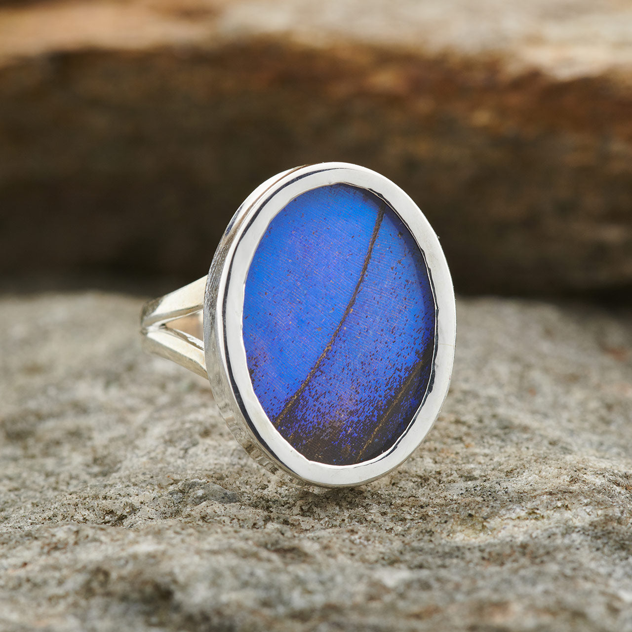 Blue Morpho Fine Silver Oval Ring