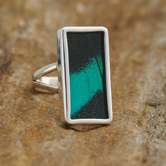 Green Banded Swallowtail Fine Silver Rectangle Ring