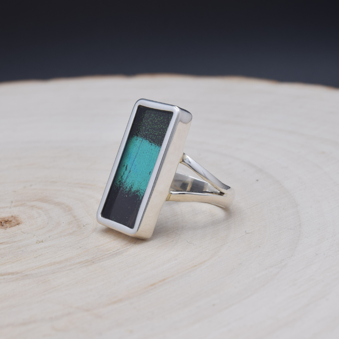 Green Banded Swallowtail Fine Silver Rectangle Ring