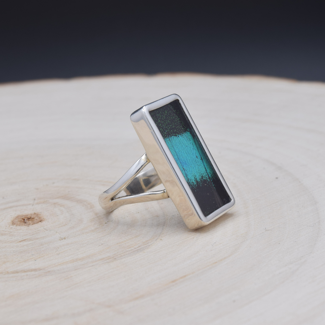 Peacock Swallowtail Rectangle Fine Silver Ring