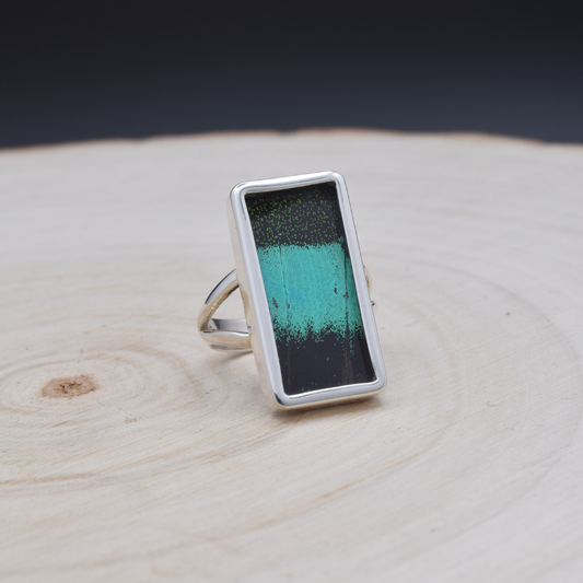 Peacock Swallowtail Rectangle Fine Silver Ring