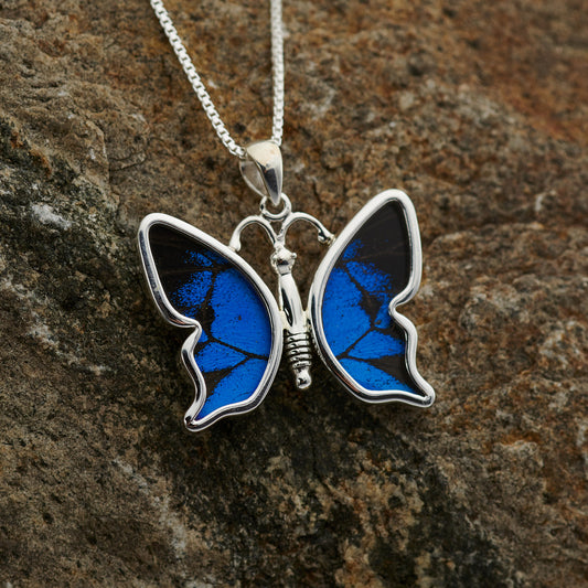 Mountain Blue Small Realistic Butterfly Fine Silver Pendant