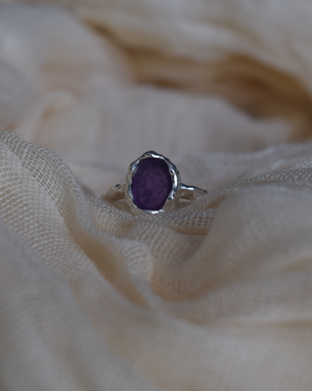 Amethyst Sterling Silver Hammered Oval Ring