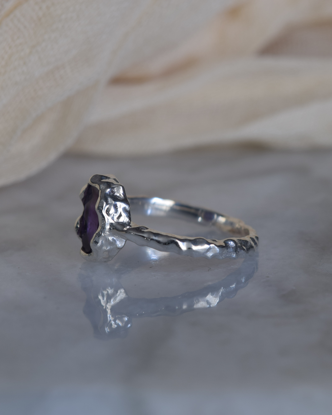 Amethyst Sterling Silver Hammered Oval Ring