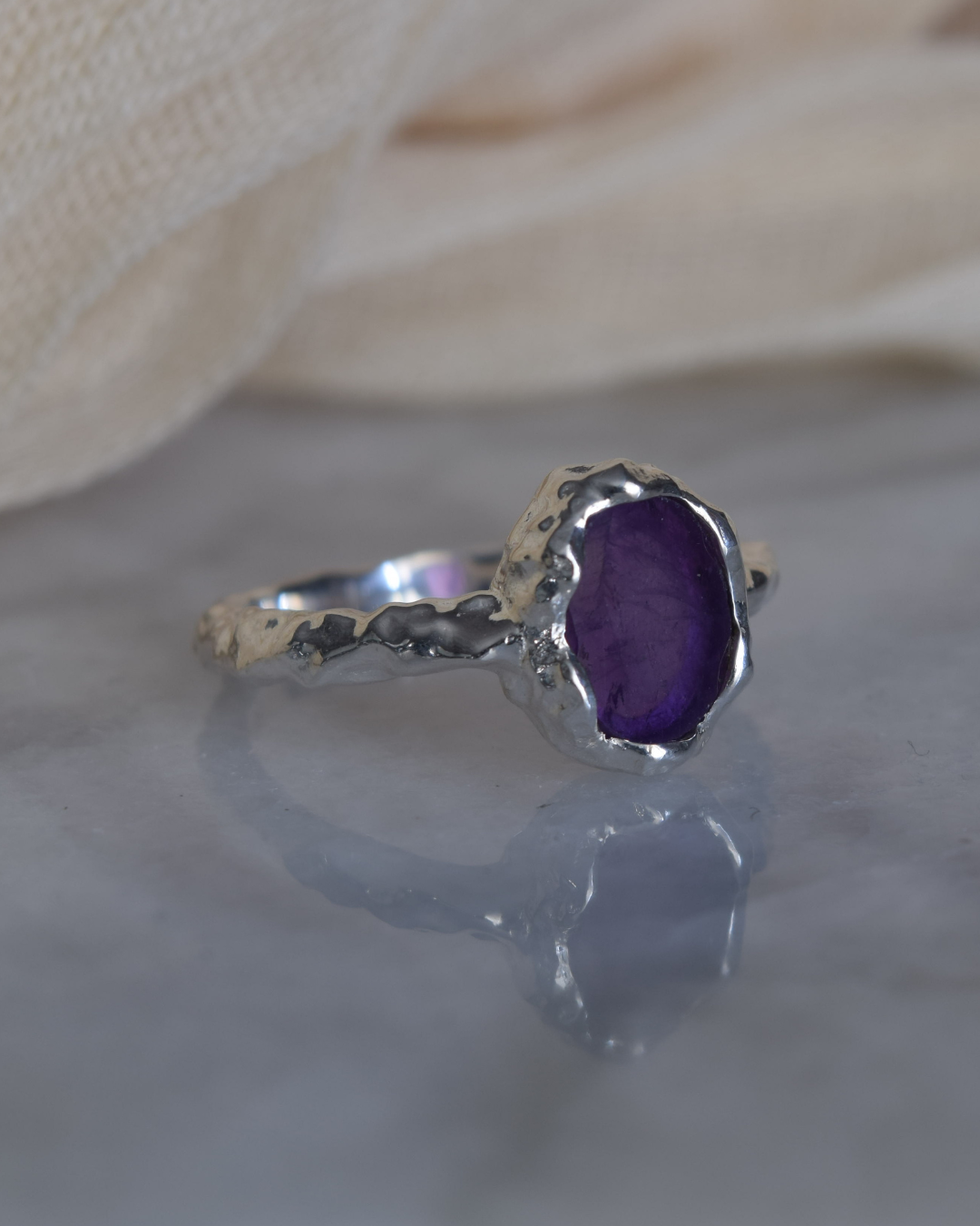 Amethyst Sterling Silver Hammered Oval Ring