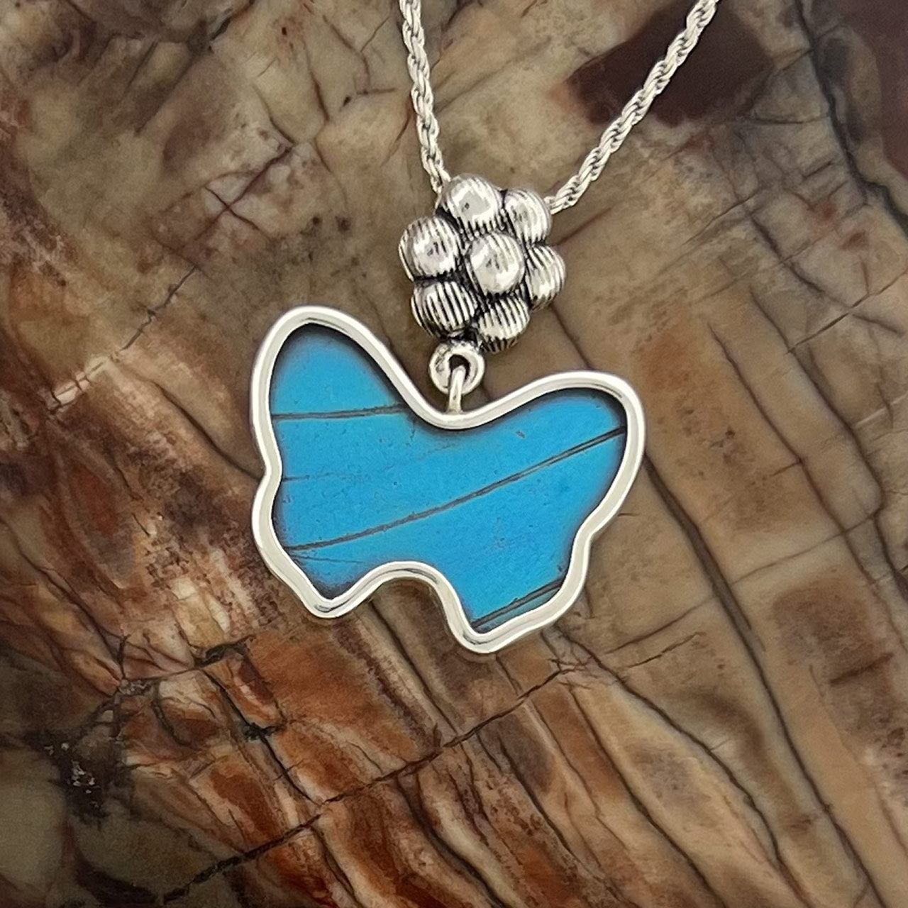 Bl. Morpho Sm Flower Btrfly Fine Silver Pendant