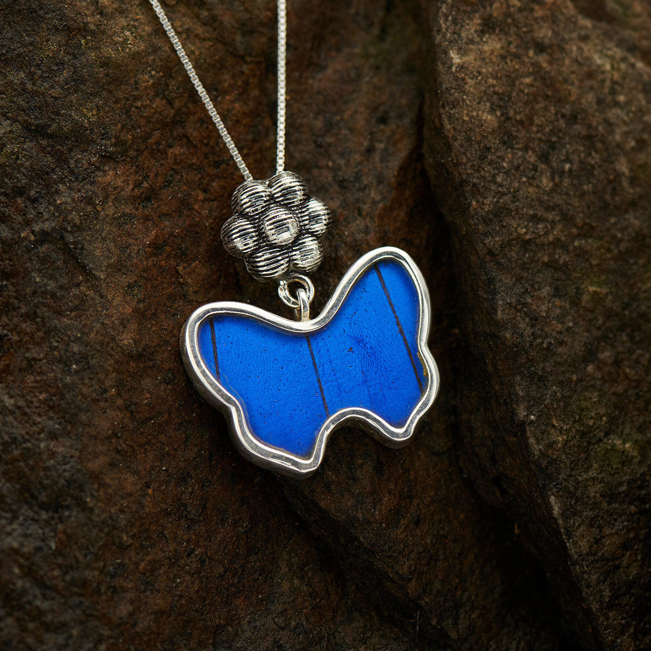 Bl. Morpho Sm Flower Btrfly Fine Silver Pendant