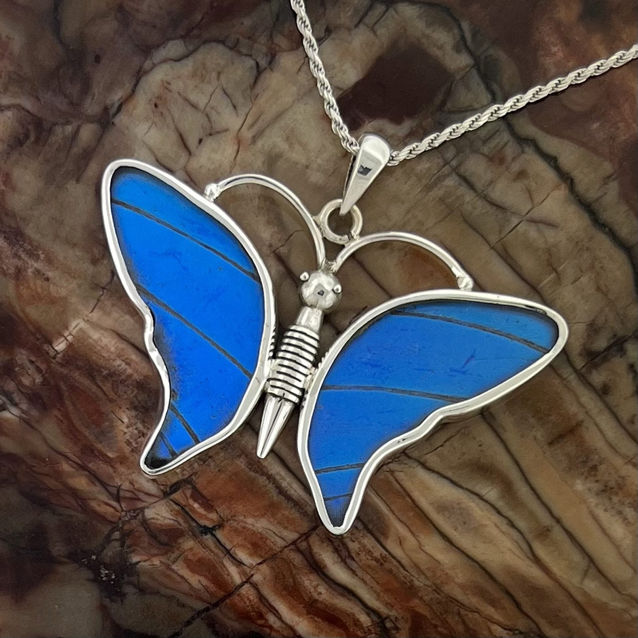Bl. Morpho Lg Full Butterfly Fine Silver Pendant