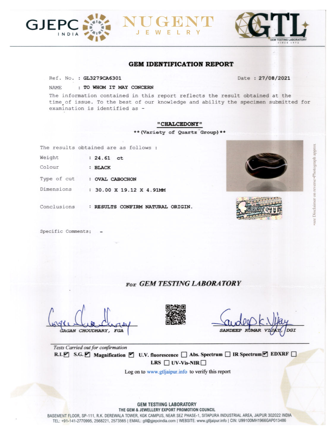 Black Banded Agate Stone Certificate