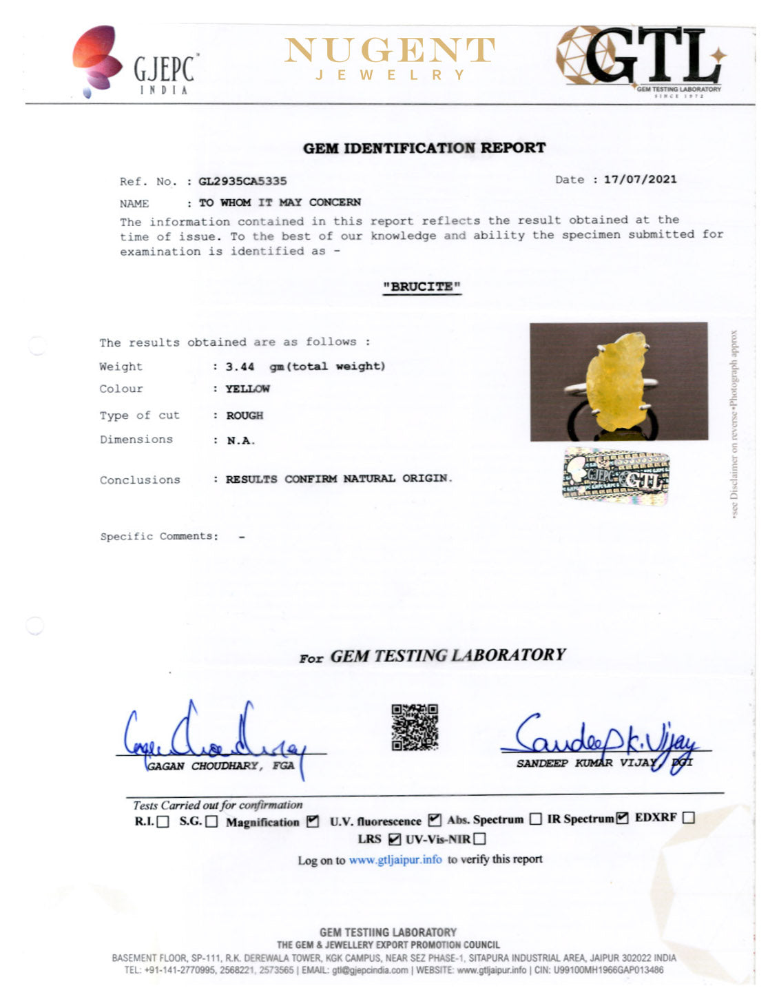 Brucite Stone Certification