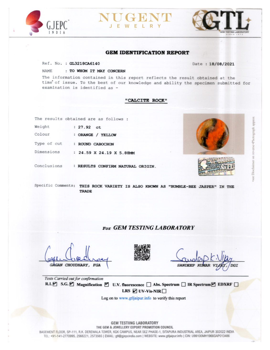 Bumblebee Jasper Stone Certification