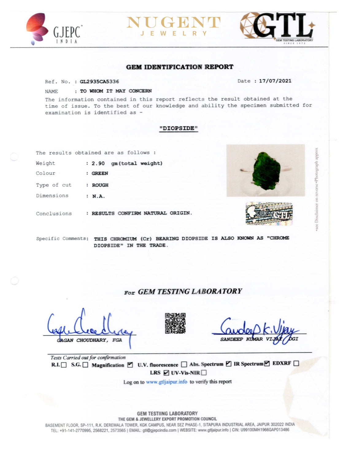 Chrome Diopside Stone Certification