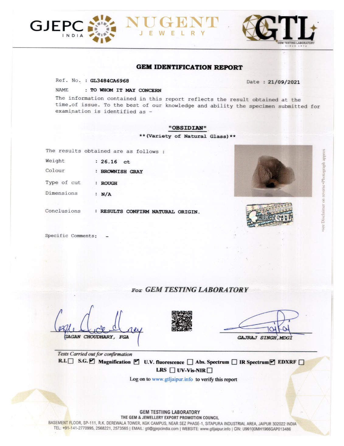 Colombian Tektite Stone Certification