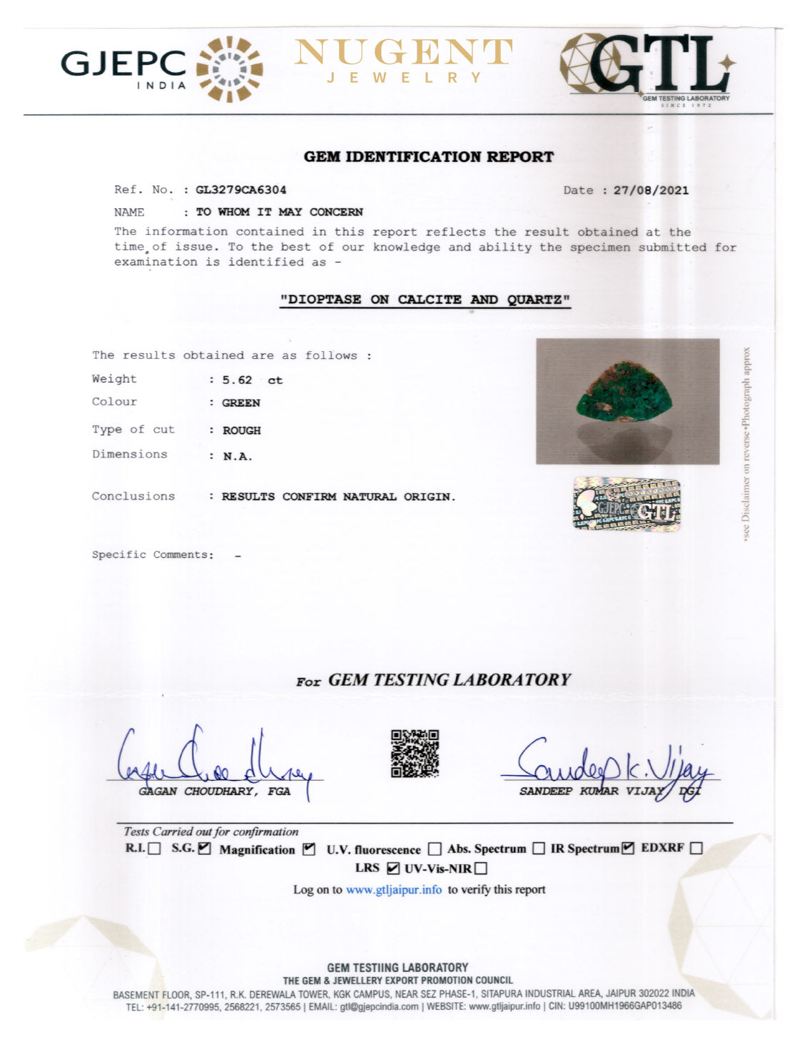 Dioptase Stone Certification