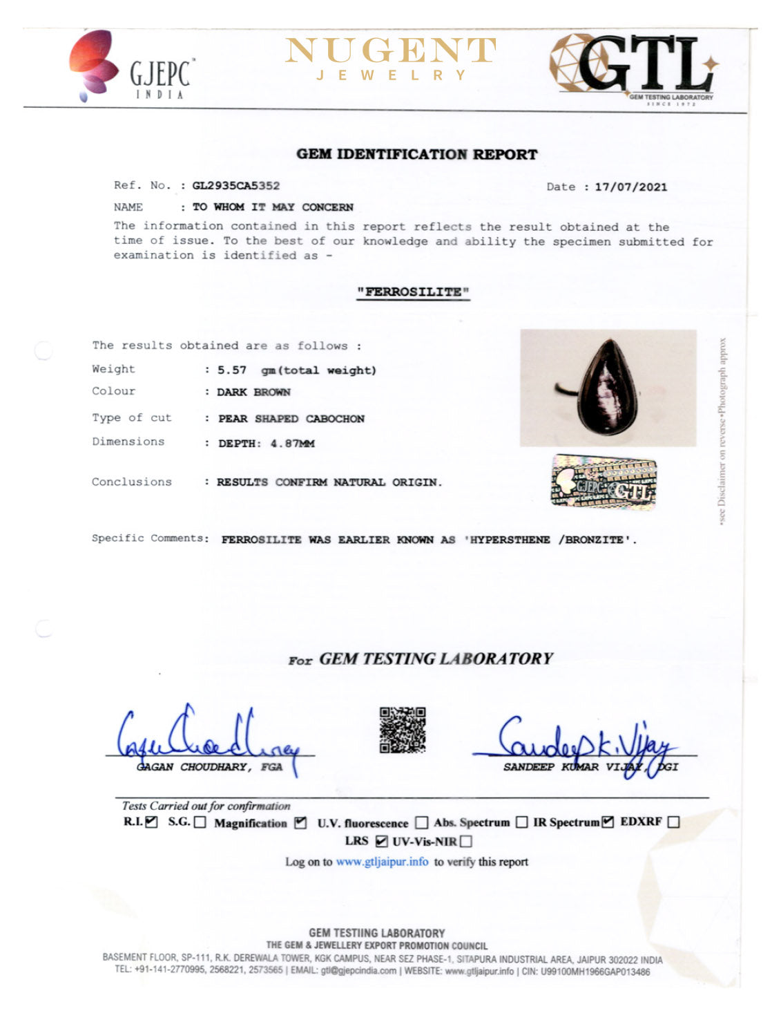 Hypersthene Stone Certification