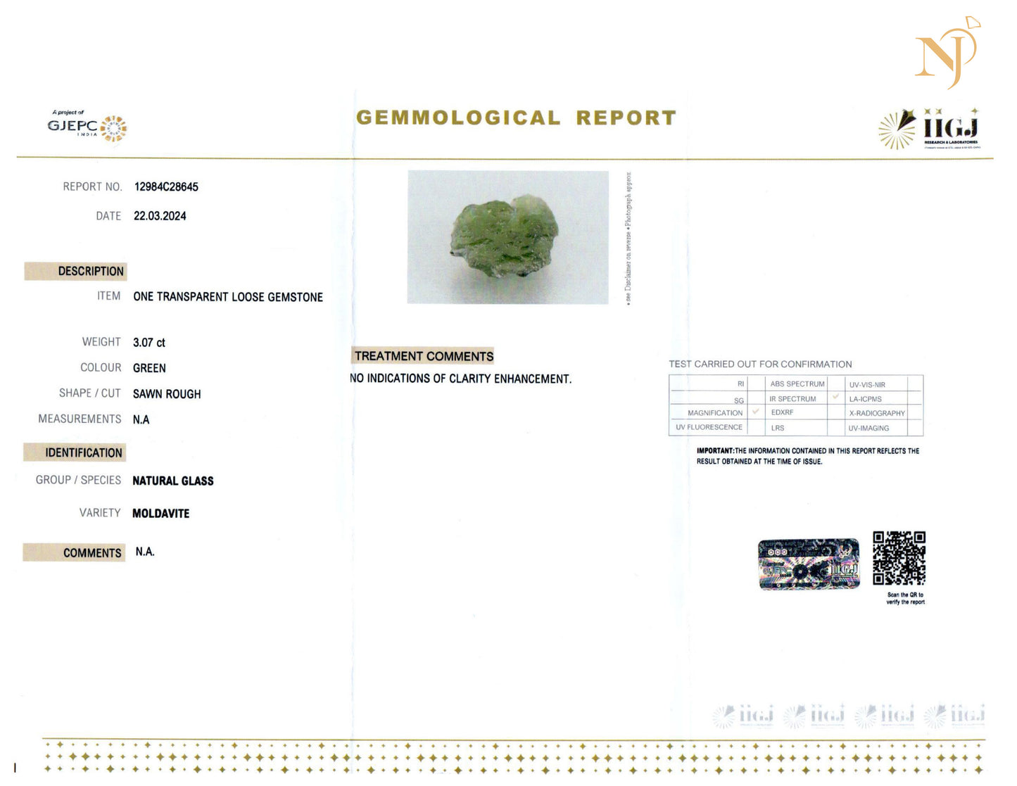 Moldavite Stone Certification