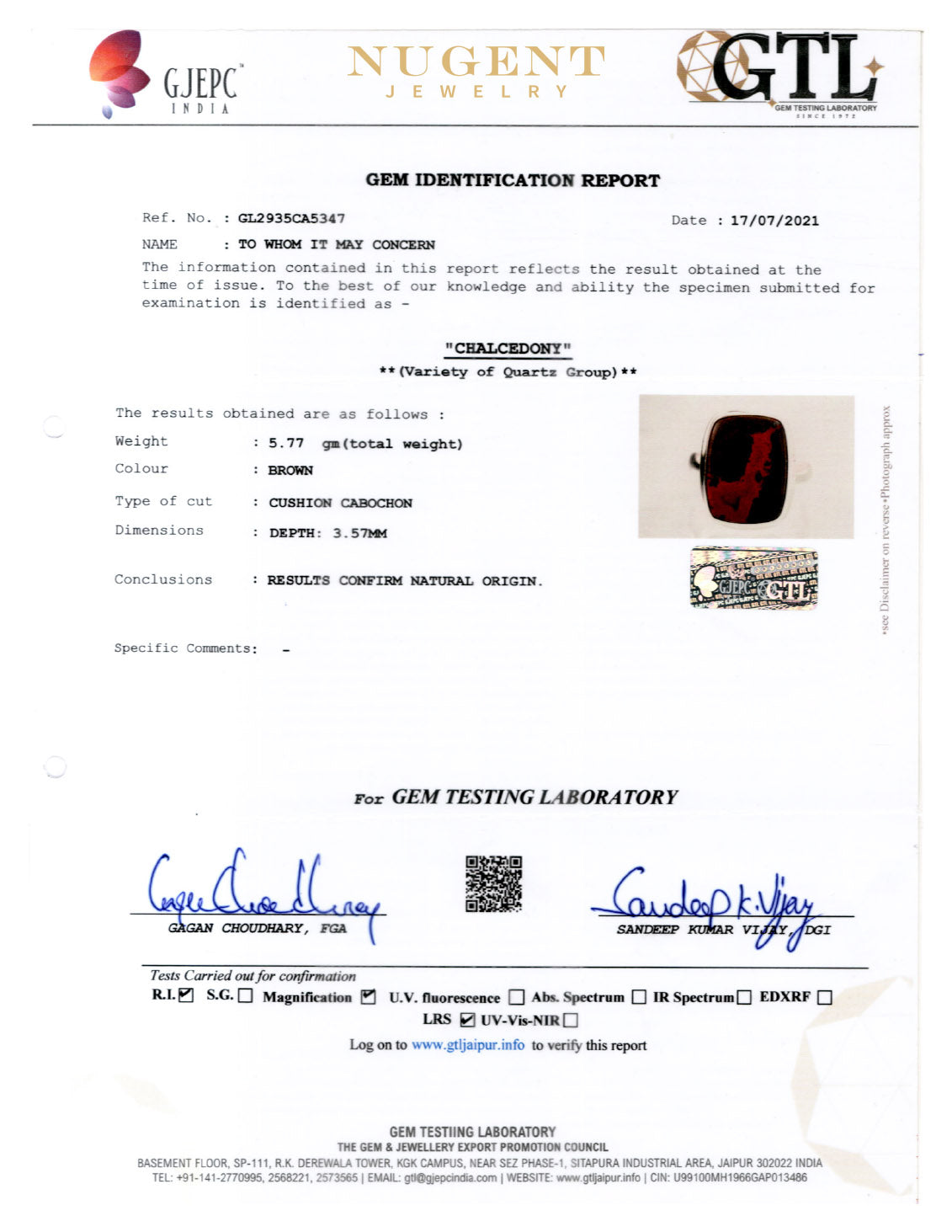 Seam Agate Stone Certificate