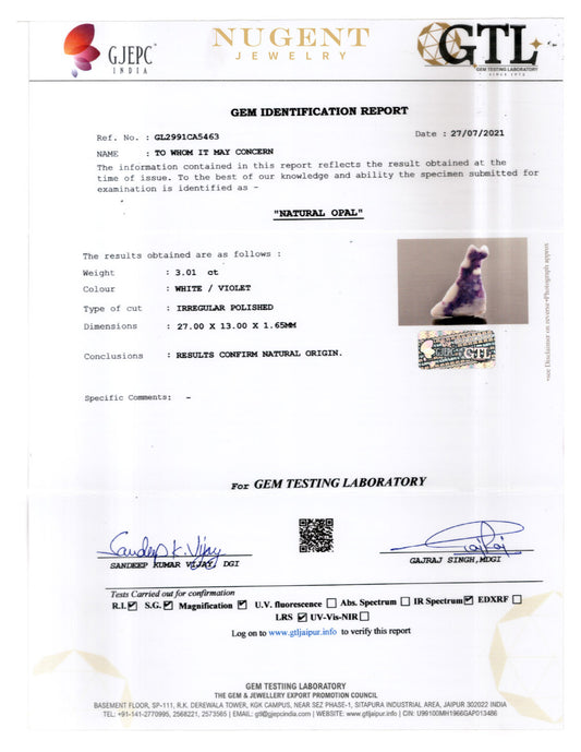 Violet Flame Opal Stone Certification