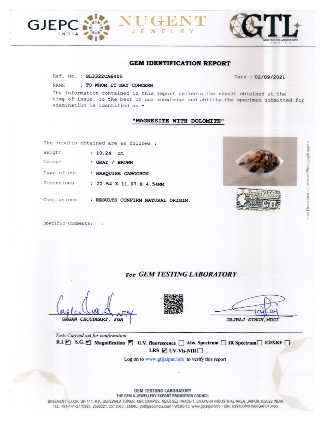 White Maligano Jasper Stone Certification